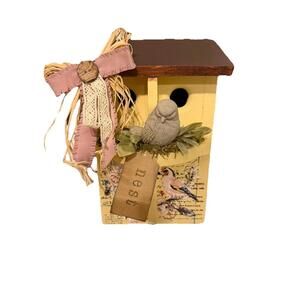 Decorative, rustic-style yellow wooden birdhouse With bird floral Home Decor